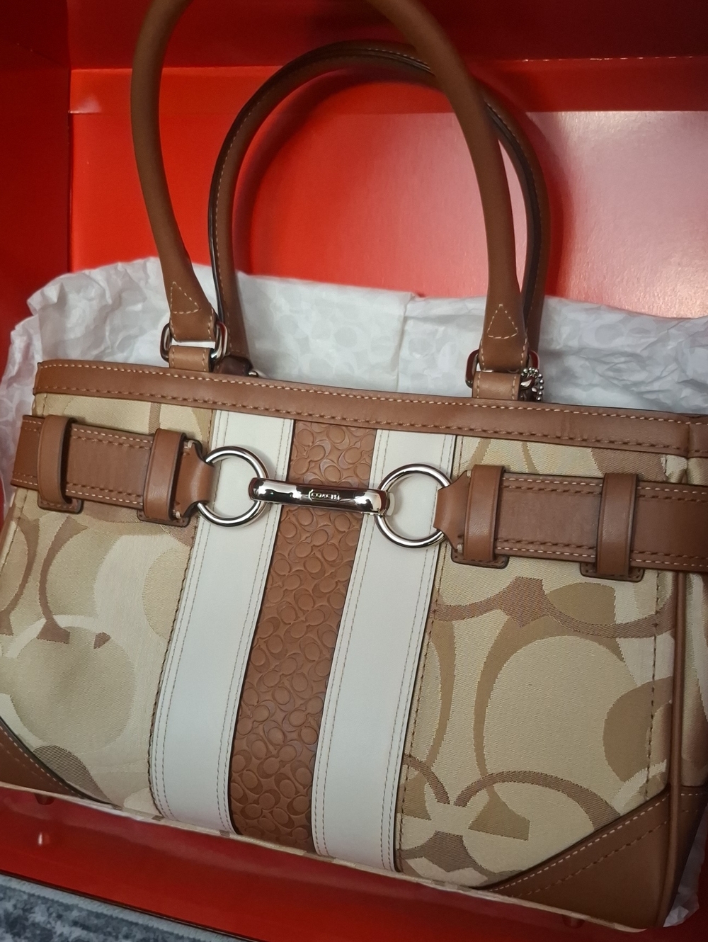 Coach Tan & Cream Signature Stripe Satchel with Leather Trim - Picture 2 of 2